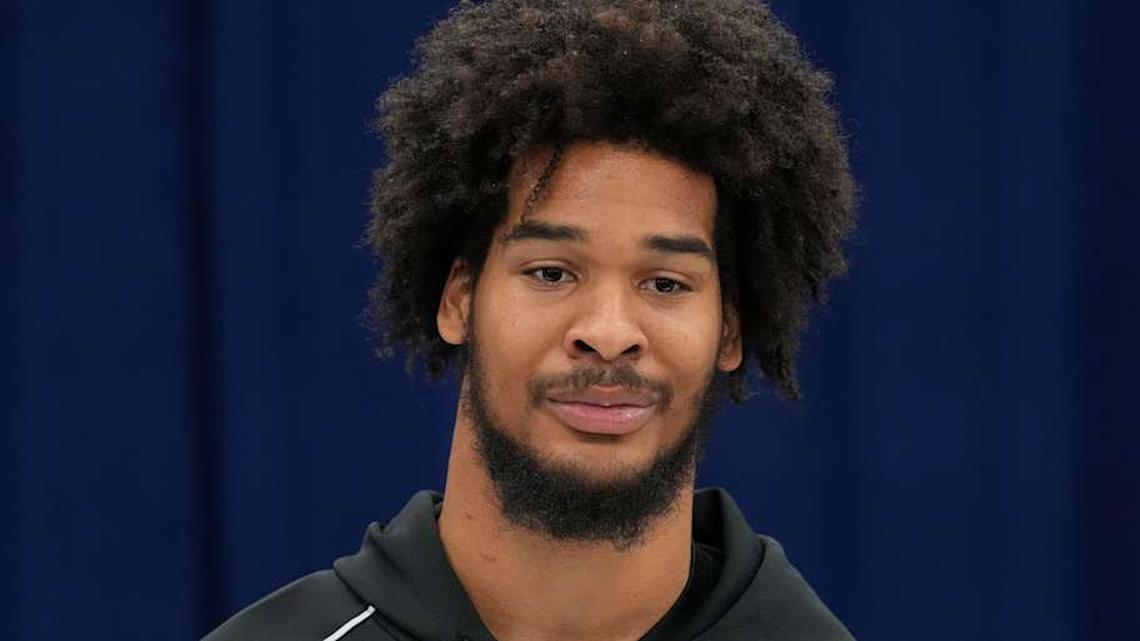  Feb 25, 2026; Indianapolis, IN, USA; Southern California linebacker Eric Gentry (LB09) speaks during the NFL Scouting Combine at the Indiana Convention Center. Mandatory Credit: Kirby Lee-Imagn Images | Kirby Lee-Imagn Images 
