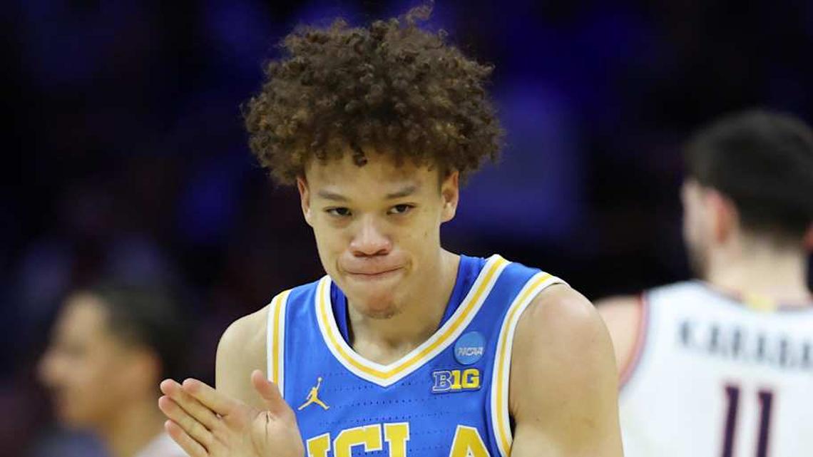  Mar 22, 2026; Philadelphia, PA, USA; UCLA Bruins guard Trent Perry (0) reacts against the UConn Huskies in the first half during a second round game of the men's 2026 NCAA Tournament at Xfinity Mobile Arena. Mandatory Credit: Bill Streicher-Imagn Images | Bill Streicher-Imagn Images 