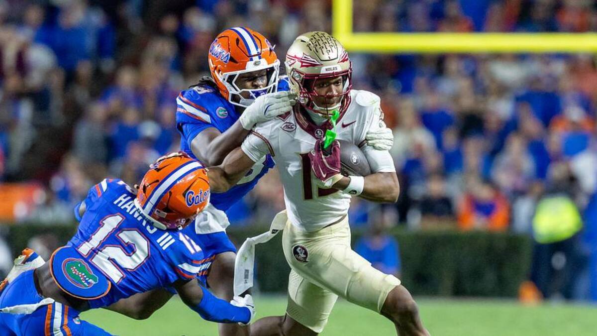  Nov 29, 2025; Gainesville, Florida, USA; Florida State Seminoles wide receiver Micahi Danzy (19) runs the ball during the third quarter against the Florida State Seminoles at Ben Hill Griffin Stadium. Mandatory Credit: Bob Kupbens-Imagn Images | IMAGN IMAGES via Reuters Connect 