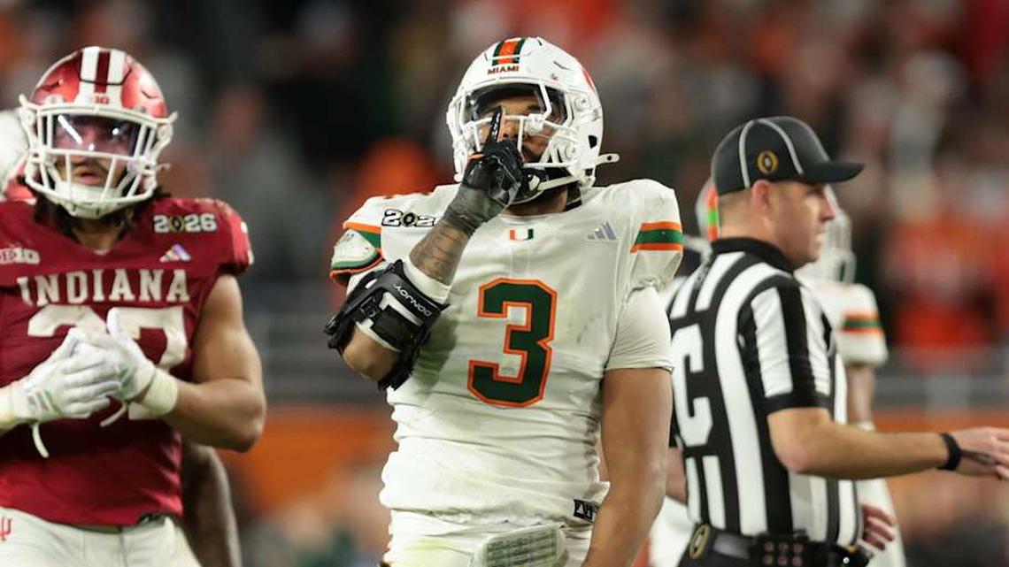  Jan 19, 2026; Miami Gardens, FL, USA; Miami Hurricanes defensive lineman Akheem Mesidor (3) celebrates after a sack against the Indiana Hoosiers in the third quarter during the College Football Playoff National Championship game at Hard Rock Stadium. Mandatory Credit: Sam Navarro-Imagn Images | Sam Navarro-Imagn Images 
