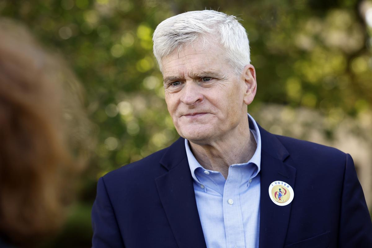  Senator Bill Cassidy speaks to reporters outside of the Louisiana State Archives in Baton Rouge on May 2, 2026. 