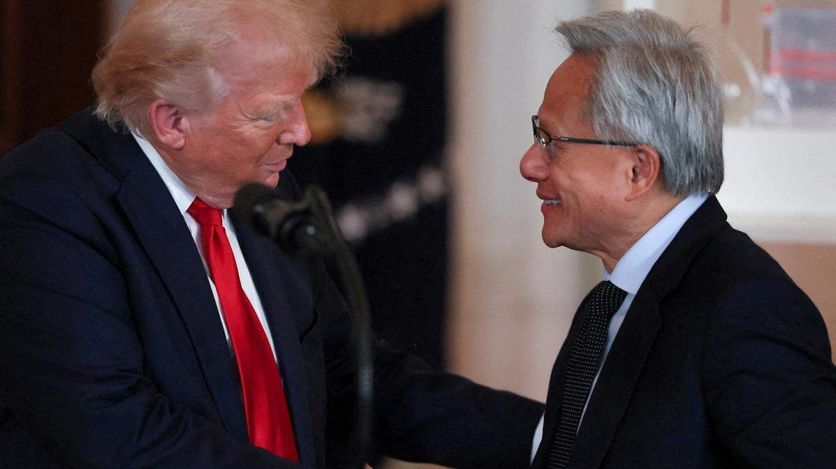 NVIDIA CEO Jensen Huang and U.S. President Donald Trump shake hands at an “Investing in America” event in Washington, D.C., on April 30, 2025.