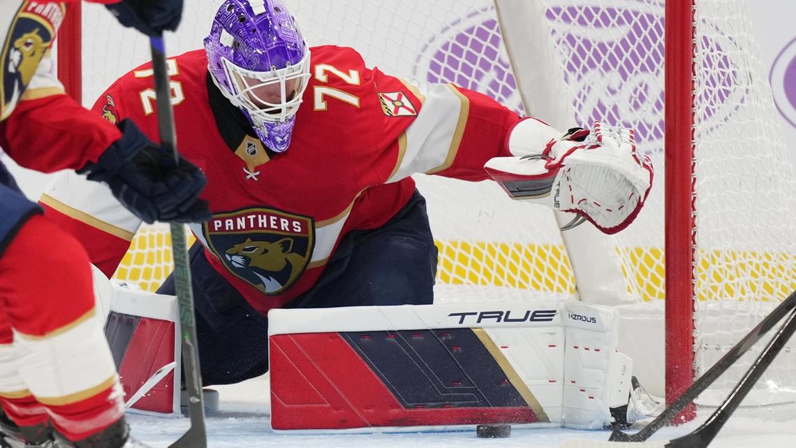 Nov 16, 2024; Sunrise, Florida, USA; Florida Panthers goaltender Sergei Bobrovsky (72) makes a save against the Winnipeg Jets during the first period at Amerant Bank Arena. Mandatory Credit: Jim Rassol-Imagn Images