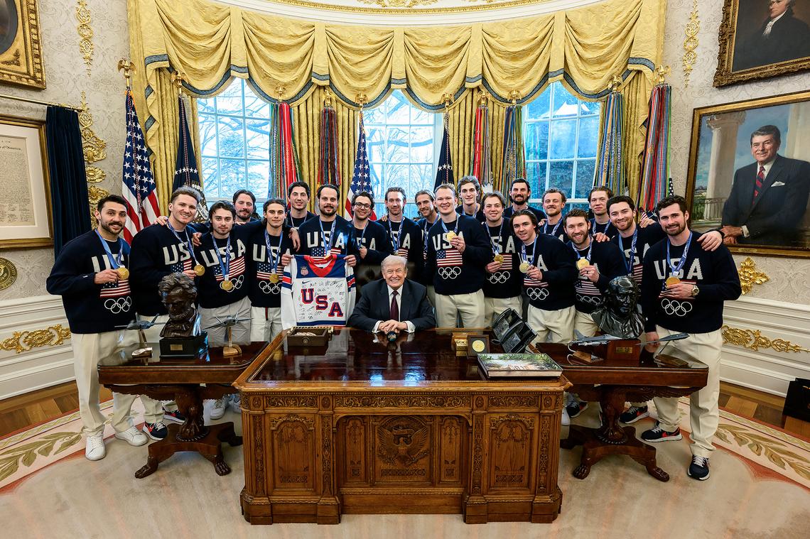  The U.S. Olympic Men's Hockey Team visit President Donald Trump in the Oval Office, Tuesday, February 24, 2026.Official White House Photo by Daniel Torok/Flickr 