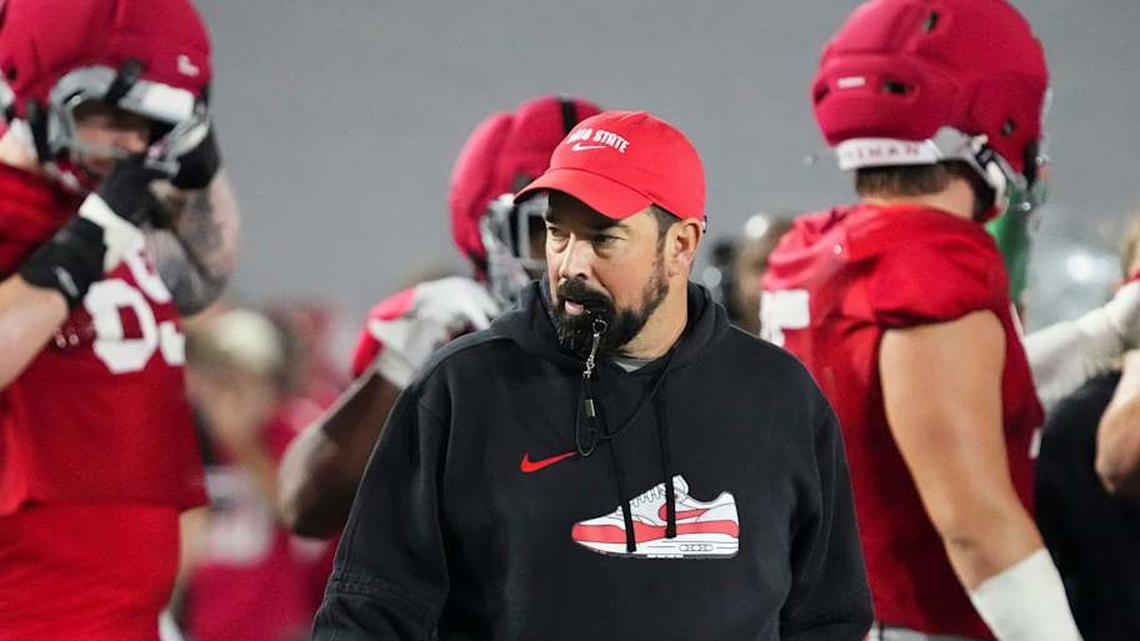  Ohio State Buckeyes head coach Ryan Day watches during Student Appreciation Day spring practice at the Woody Hayes Athletic Center on April 4, 2026. | Adam Cairns/Columbus Dispatch / USA TODAY NETWORK via Imagn Images 