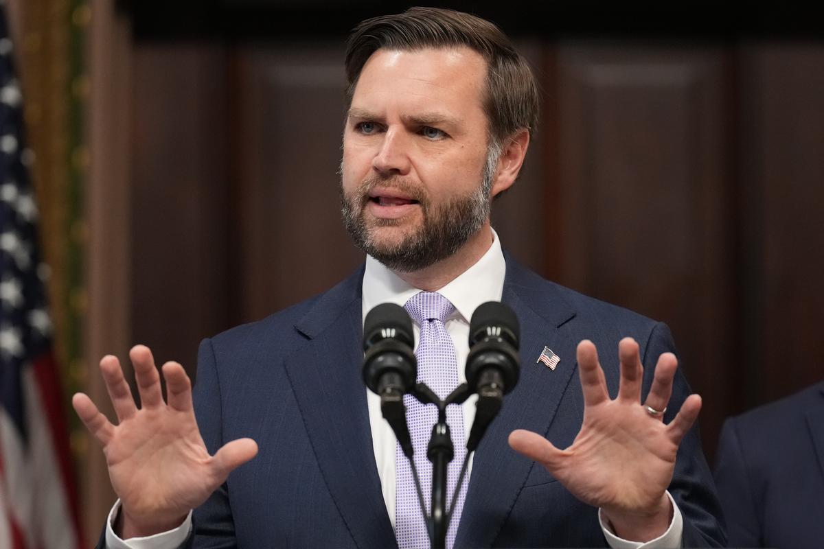  Vice President JD Vance speaks to the media from the Eisenhower Executive Office Building on the White House campus, Wednesday, May 13, 2026, in Washington. (AP Photo/Jacquelyn Martin) 