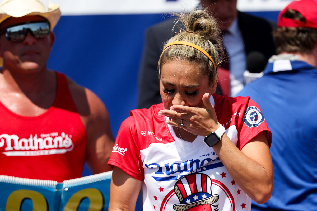 Miki Sudo from Tampa, Florida, participates in the 2026 Nathan's Famous International Hot Dog Eating Contest, at Coney Island, Brooklyn in New York City, U.S., July 4, 2026. REUTERS/Jordan Tovin