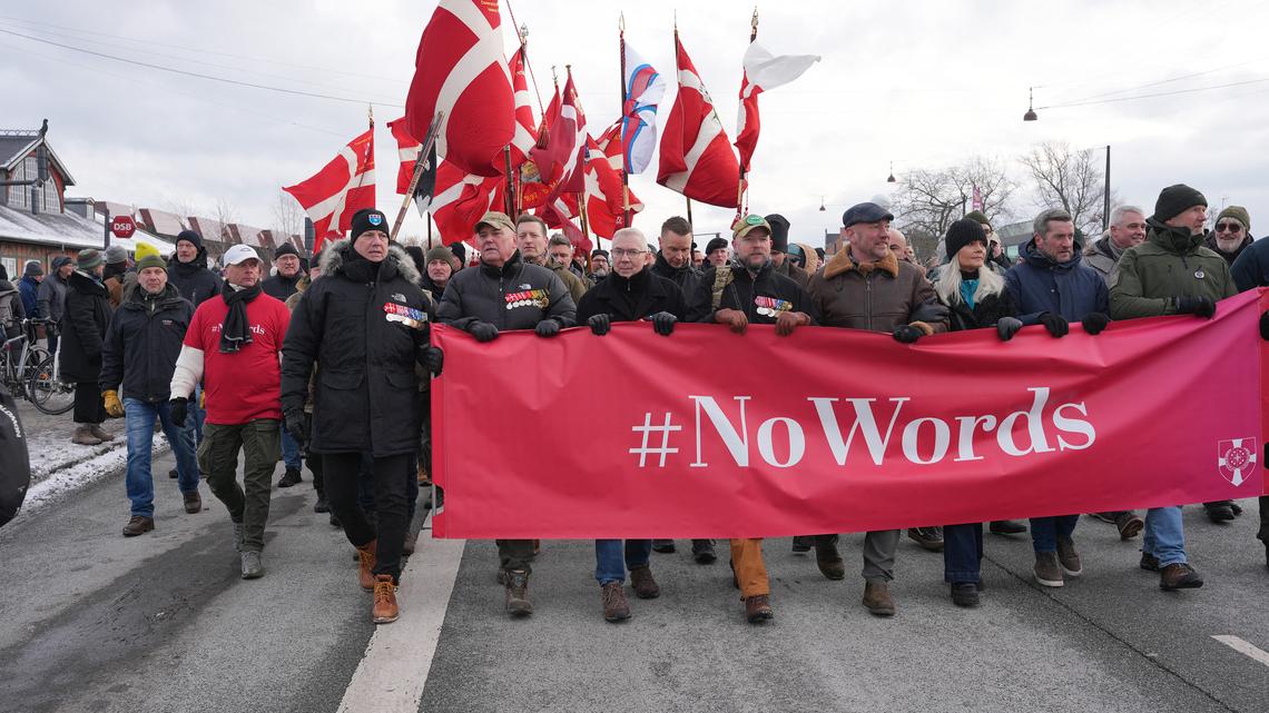 Danish Veterans gather for a "silent protest march" from Kastellet in Copenhagen to the American embassy in Copenhagen on Saturday, Jan. 31, 2026. (Emil Helms/Ritzau Scanpix/AFP/Getty Images/TNS)