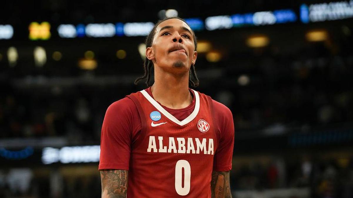 Mar 27, 2026; Chicago, IL, USA; Alabama Crimson Tide guard Labaron Philon Jr. (0) looks on after a Sweet Sixteen game of the Midwest Regional of the men's 2026 NCAA Tournament against the Michigan Wolverines at United Center. Mandatory Credit: David Banks-Imagn Images | David Banks-Imagn Images 