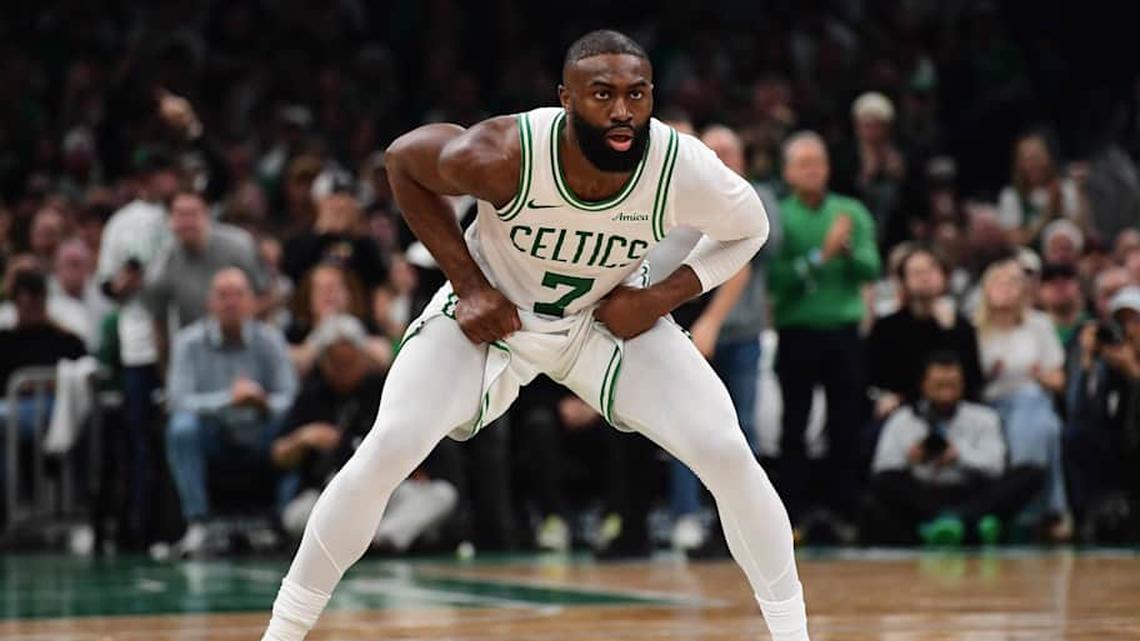  Apr 19, 2026; Boston, Massachusetts, USA; Boston Celtics guard Jaylen Brown (7) on defense in the second half during game one of the first round of the 2026 NBA Playoffs against the Philadelphia 76ers at TD Garden. | Bob DeChiara-Imagn Images 
