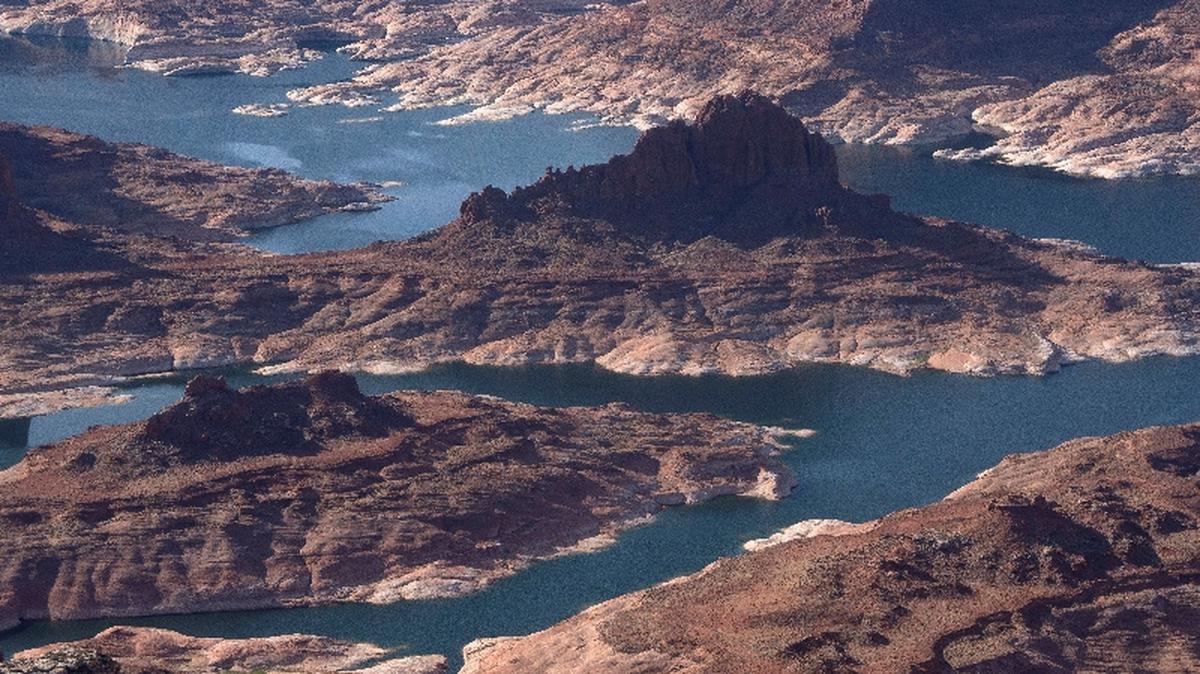 An aerial view shows critically low water levels in Lake Powell, a reservoir of the Colorado River, near Page, Arizona, U.S. May 15, 2025.  REUTERS/Rebecca Noble