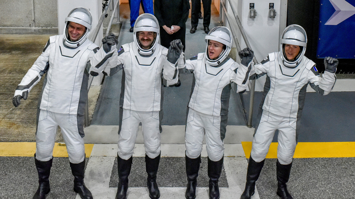 FILE PHOTO: NASA’s Crew-12 members, Russian cosmonaut Andrey Fedyaev, NASA astronauts Jack Hathaway, Jessica Meir, and ESA astronaut Sophie Adenot walk out of the Operations & Checkout Building at the Kennedy Space Center before transport to Launch Complex 40, ahead of their launch to the International Space Station, in Cape Canaveral, Florida, U.S., February 13, 2026. REUTERS/Steve Nesius/File Photo