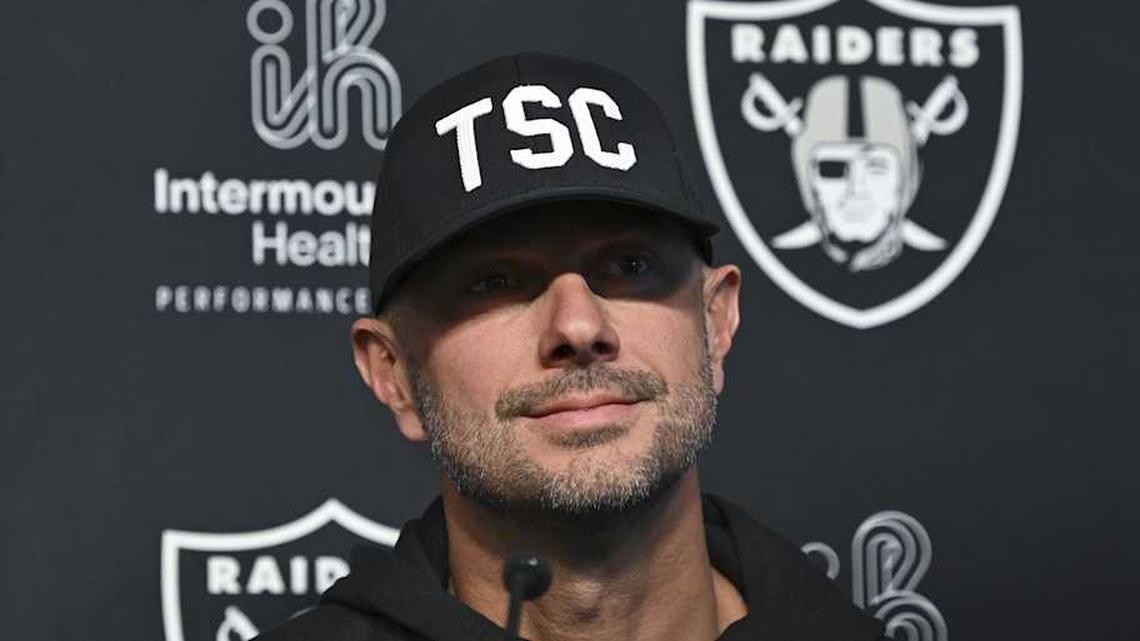  Apr 25, 2025; Henderson, NV, USA; (L-R) Las Vegas Raiders general manager John Spytek during a news conference introducing Ashton Jeanty as the first round draft pick in the 2025 NFL Draft at Intermountain Health Performance Center. Mandatory Credit: Candice Ward-Imagn Images | Candice Ward-Imagn Images 