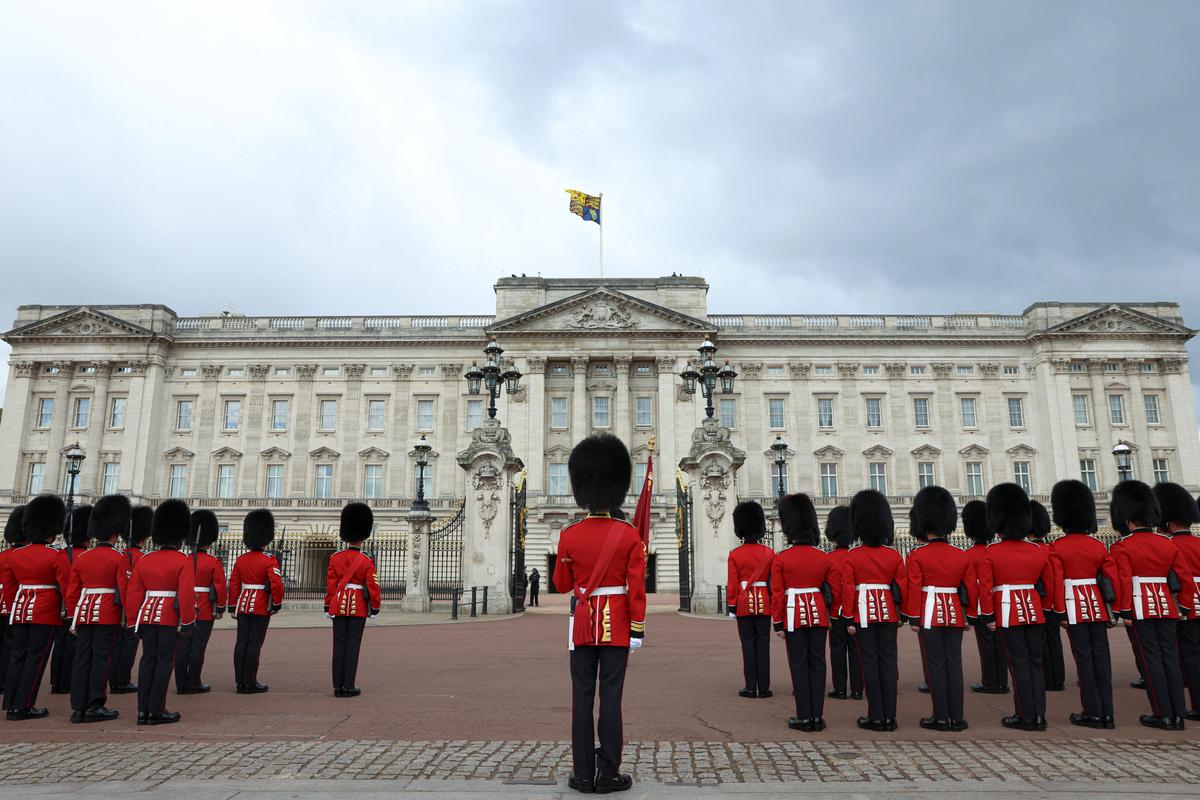 Members of the King's Guard stand guard during preparations ahead of the State Opening of Parliament attended by Britain's King Charles, in London, Britain, May 13, 2026. REUTERS/Toby Shepheard