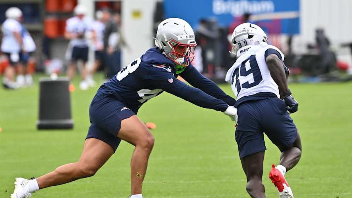  May 9, 2026; Foxborough, MA, USA; New England Patriots linebacker Namdi Obiazor (48) does a drill with running back Myles Montgomery (39) during the New England Patriots rookie camp at Gillette Stadium. Mandatory Credit: Eric Canha-Imagn Images | Eric Canha-Imagn Images 