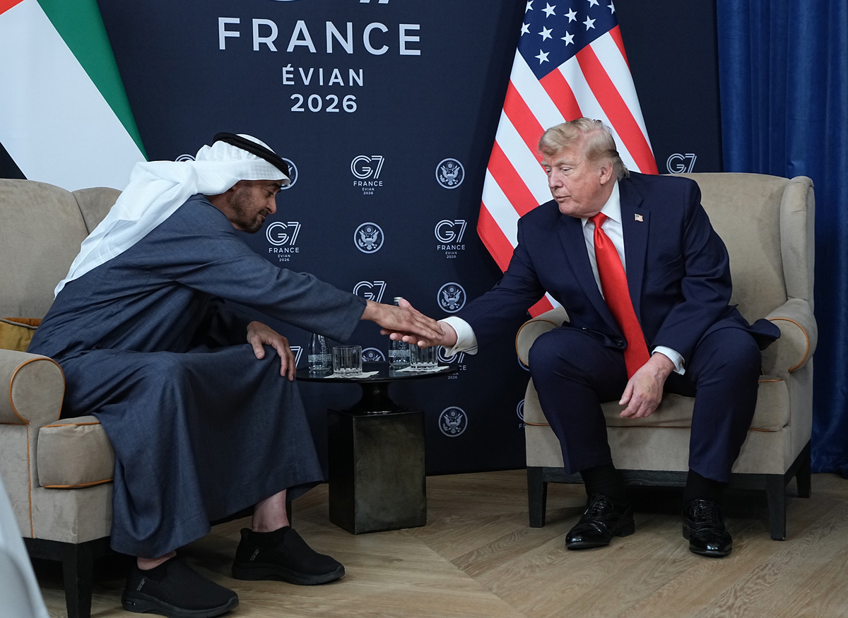 President Donald Trump attends a bilateral meeting with the President of the United Arab Emirates, Mohamed bin Zayed Al Nahyan, during the G7 Summit in Evian-les-Bains, France, June 16, 2026. (Haiyun Jiang/The New York Times)