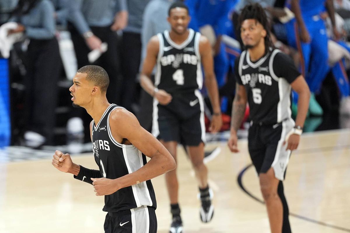  San Antonio Spurs forward Victor Wembanyama after a three point basket against the Oklahoma City Thunder in game six of the 2026 Western Conference finals. Daniel Dunn-Imagn Images