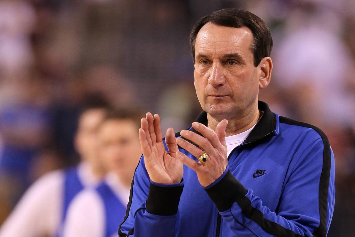  INDIANAPOLIS - APRIL 02: Head coach Mike Krzyzewski of the Duke Blue Devils looks on during practice prior to the 2010 Final Four of the NCAA Division I Men's Basketball Tournament at Lucas Oil Stadium on April 2, 2010 in Indianapolis, Indiana. (Photo by Andy Lyons/Getty Images) 