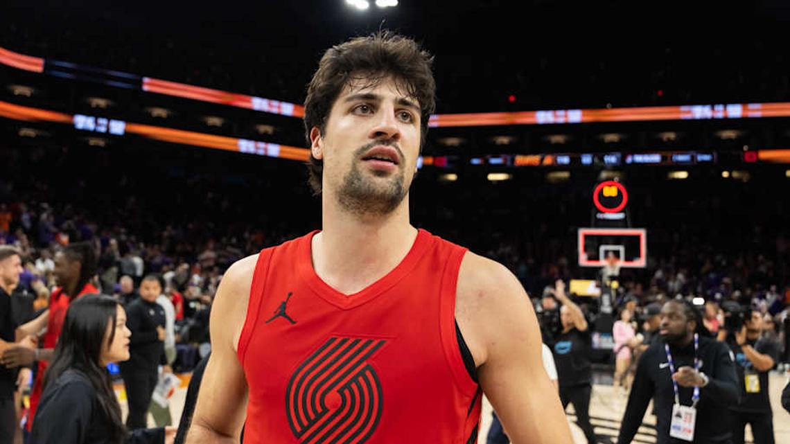  Apr 14, 2026; Phoenix, Arizona, USA; Portland Trail Blazers forward Deni Avdija (8) after defeating the Phoenix Suns in the play-in rounds of the 2026 NBA Playoffs at Mortgage Matchup Center. | Mark J. Rebilas-Imagn Images 