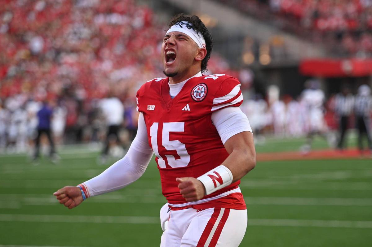  LINCOLN, NEBRASKA - SEPTEMBER 14: Dylan Raiola #15 of the Nebraska Cornhuskers reacts with the crowd before the game against the Northern Iowa Panthers at Memorial Stadium on September 14, 2024 in Lincoln, Nebraska. (Photo by Steven Branscombe/Getty Images) 