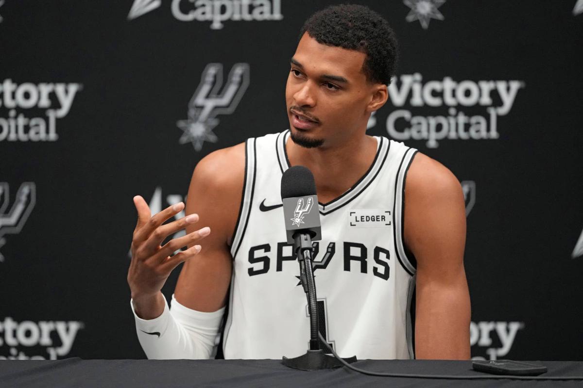  San Antonio Spurs forward-center Victor Wembanyama (1) answers questions from the media. Scott Wachter-Imagn Images
