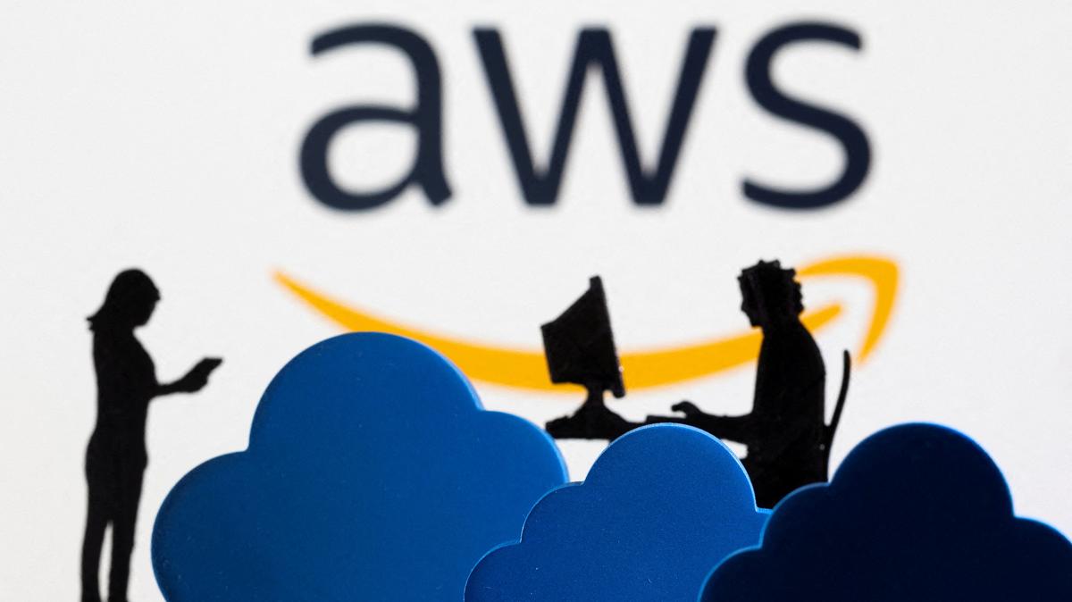 3D printed clouds and figurines are seen in front of the AWS (Amazon Web Service) cloud service logo in this illustration taken February 8, 2022. REUTERS/Dado Ruvic/Illustration