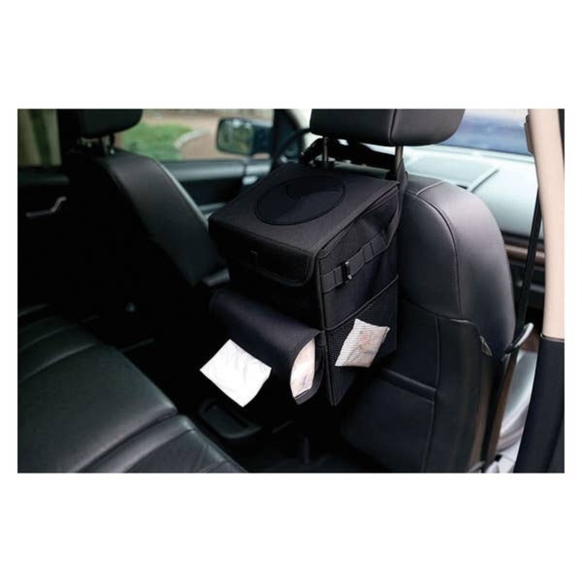  Trash Can Car Organizer strapped to seat.