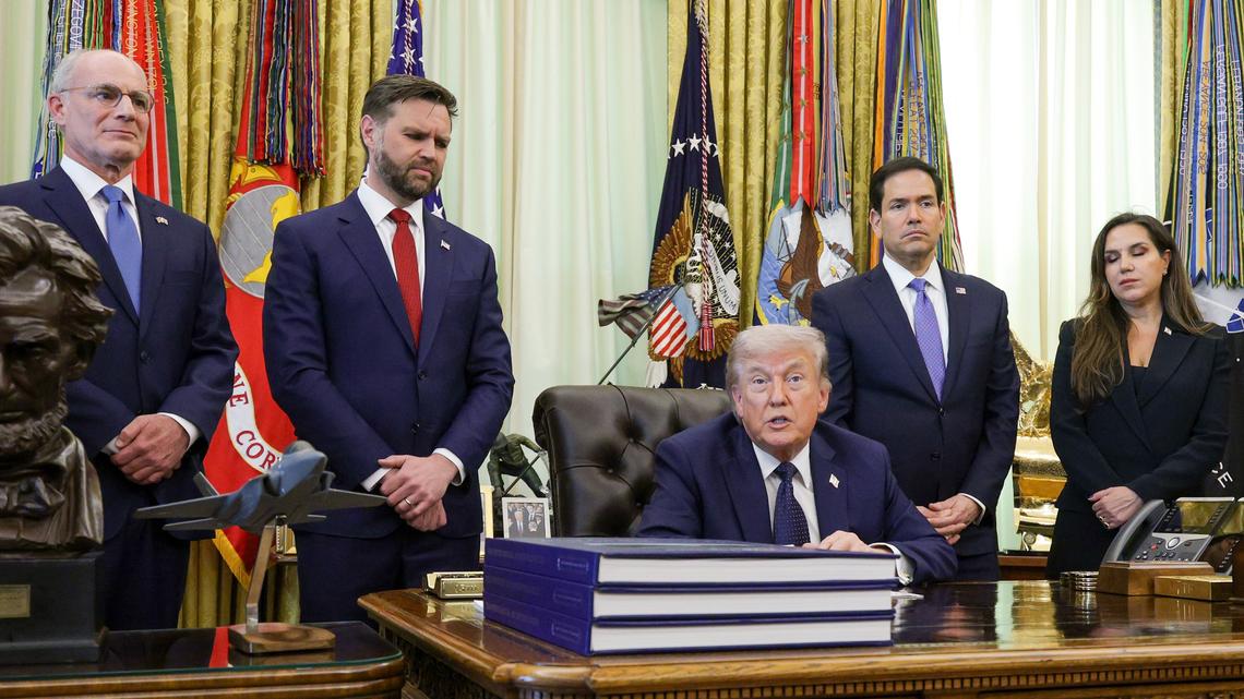 U.S. President Donald Trump, middle, speaks as, from left, Israeli Ambassador to the U.S. Yechiel Leiter, U.S. Vice President JD Vance, U.S. Secretary of State Marco Rubio and Lebanese Ambassador to the U.S. Nada Hamadeh Moawad look on during a meeting in the Oval Office of the White House on Thursday, in Washington, D.C.
