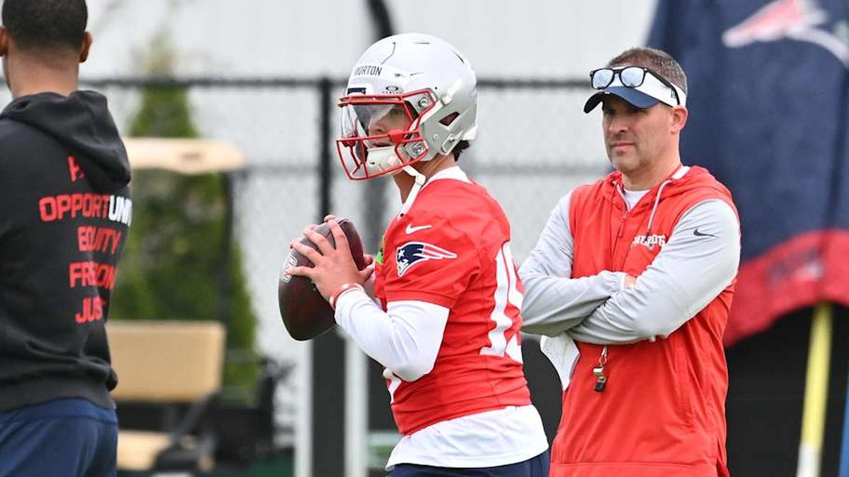  May 9, 2026; Foxborough, MA, USA; New England Patriots quarterback Behren Morton (15) throws a pass as offensive coordinator Josh McDaniels (visor) looks on during the New England Patriots rookie camp at Gillette Stadium. Mandatory Credit: Eric Canha-Imagn Images | Eric Canha-Imagn Images 