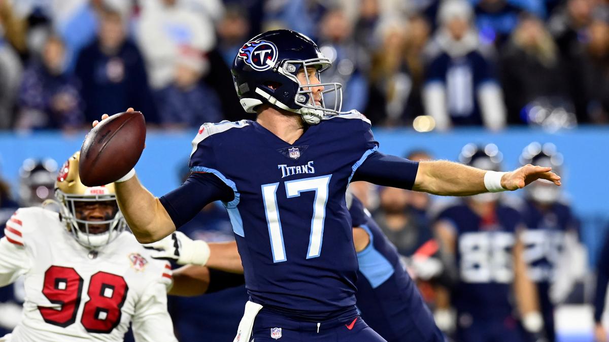 Tennessee Titans quarterback Ryan Tannehill (17) passes against the San Francisco 49ers in the first half of an NFL football game Thursday, Dec. 23, 2021, in Nashville, Tenn. (AP Photo/Mark Zaleski)
