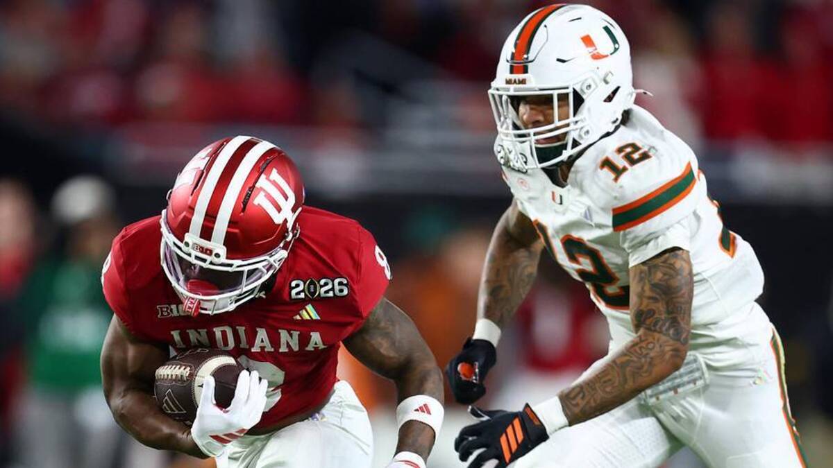  Jan 19, 2026; Miami Gardens, FL, USA; Indiana Hoosiers running back Kaelon Black (8) rushes the ball Miami Hurricanes in the first half during the College Football Playoff National Championship game at Hard Rock Stadium. Mandatory Credit: Mark J. Rebilas-Imagn Images | Mark J. Rebilas-Imagn Images 