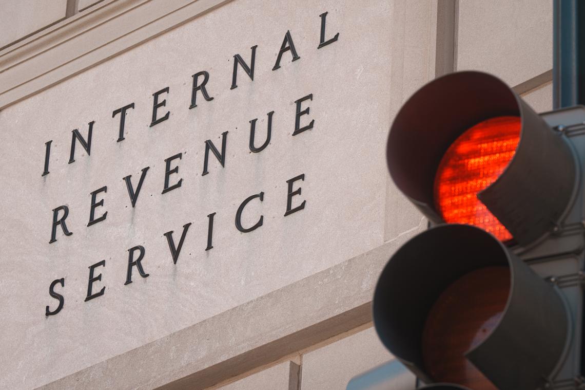  Internal Revenue Service is engraved over the entrance to the headquarters building on March 24, 2026, in Washington, DC. 