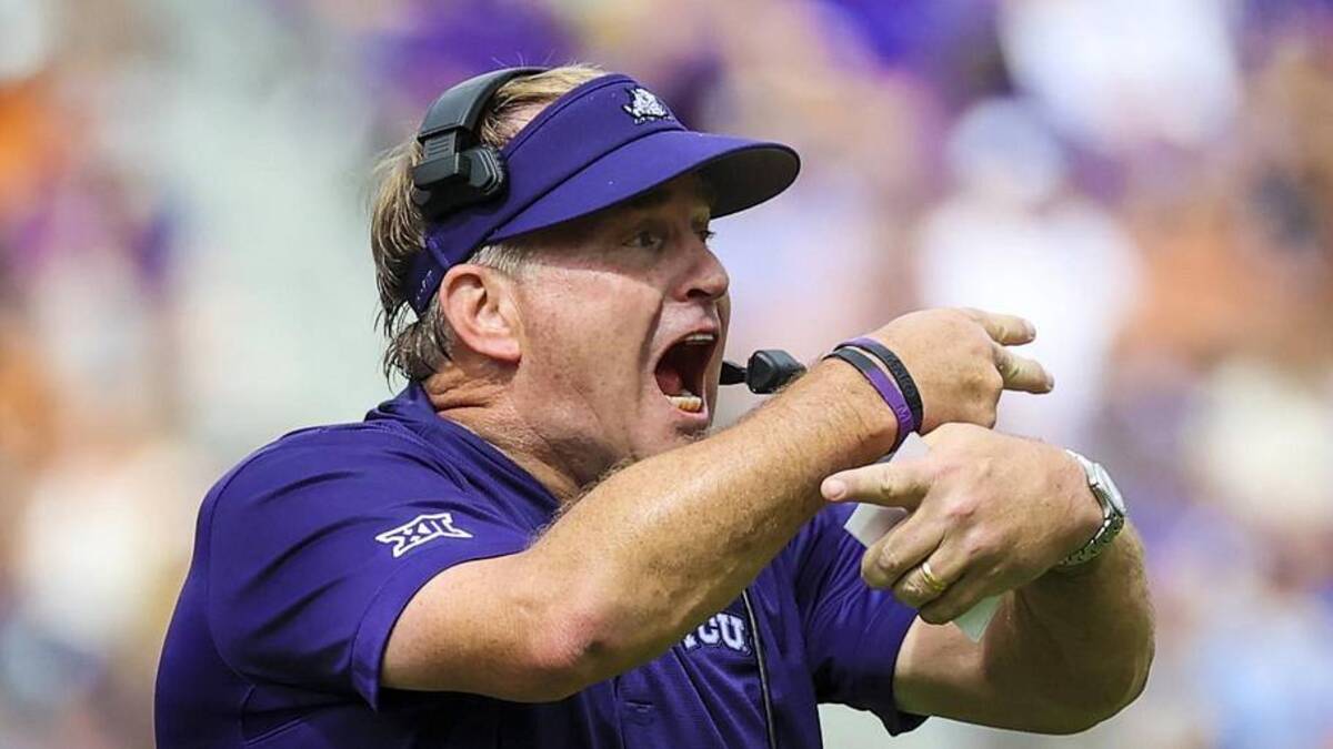  Oct 2, 2021; Fort Worth, Texas, USA; TCU Horned Frogs head coach Gary Patterson reacts during the first half against the Texas Longhorns at Amon G. Carter Stadium. Mandatory Credit: Kevin Jairaj-Imagn Images | Kevin Jairaj-Imagn Images 