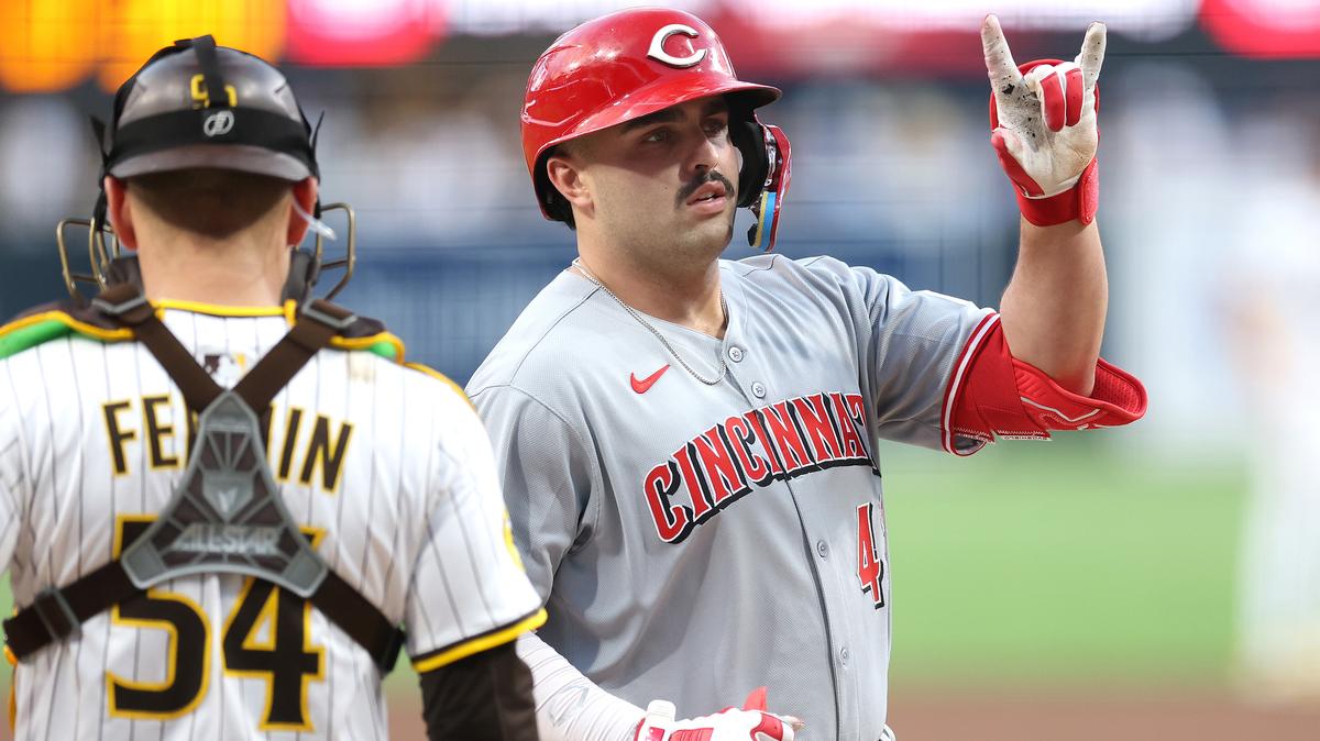 Freddy Fermin (54) of the San Diego Padres looks on as Sal Stewart (43) of the Cincinnati Reds reacts after hitting a solo home run during the first inning of a game against the San Diego Padres at Petco Park on Tuesday, Sept. 9, 2025, in San Diego. (Sean M. Haffey/Getty Images/TNS)
