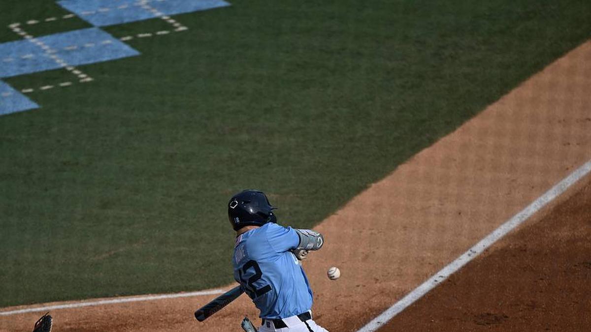  May 30, 2026; Chapel Hill, NC, USA; North Carolina Tar Heels outfielder Tyler Howe (12) gets a hit during game 4 of the Chapel Hill Regional at Boshamer Stadium. Mandatory Credit: William Howard-Imagn Images | William Howard-Imagn Images 