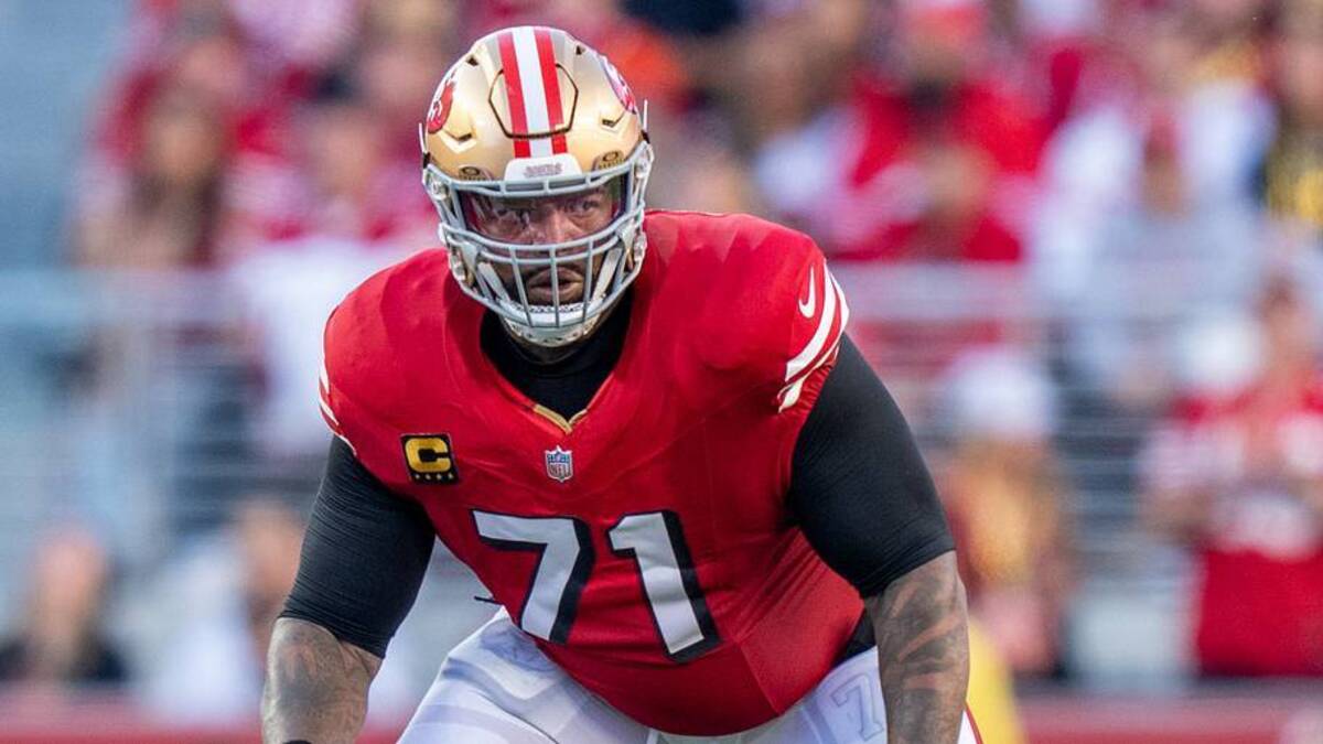  October 19, 2025; Santa Clara, California, USA; San Francisco 49ers offensive tackle Trent Williams (71) during the first quarter against the Atlanta Falcons at Levi's Stadium. Mandatory Credit: Kyle Terada-Imagn Images | IMAGN IMAGES via Reuters Connect 