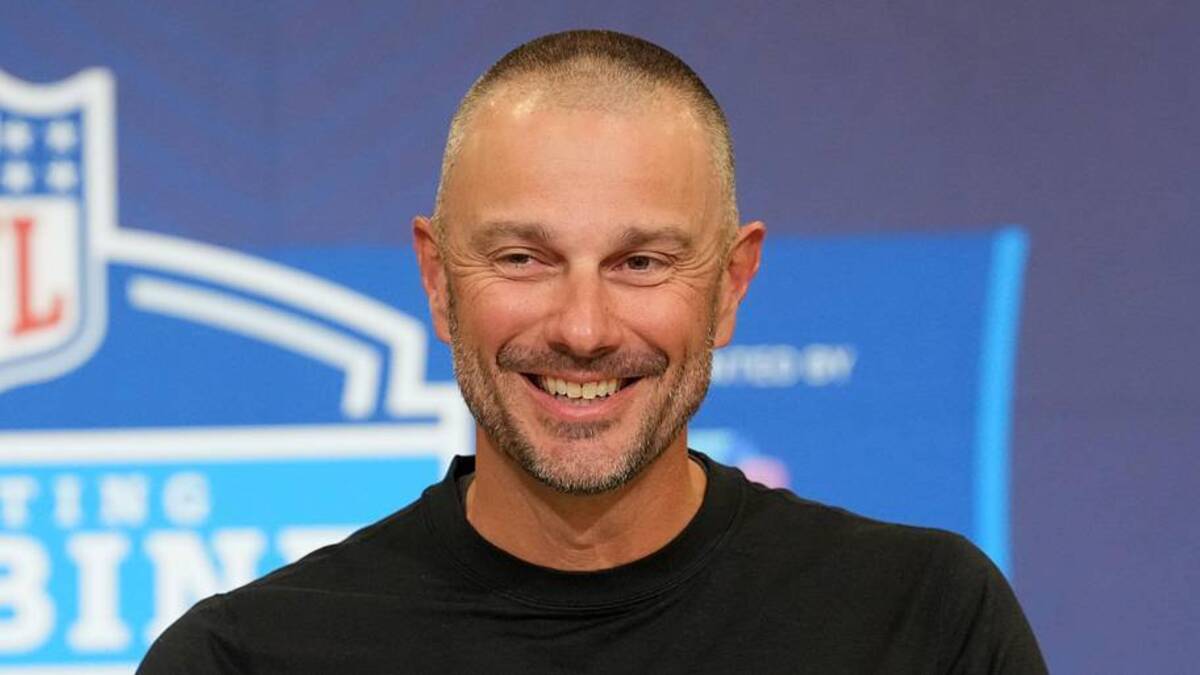  Feb 24, 2026; Indianapolis, IN, USA; Las Vegas Raiders general manager John Spytek speaks at the NFL Scouting Combine at the Indiana Convention Center. Mandatory Credit: Kirby Lee-Imagn Images | Kirby Lee-Imagn Images 