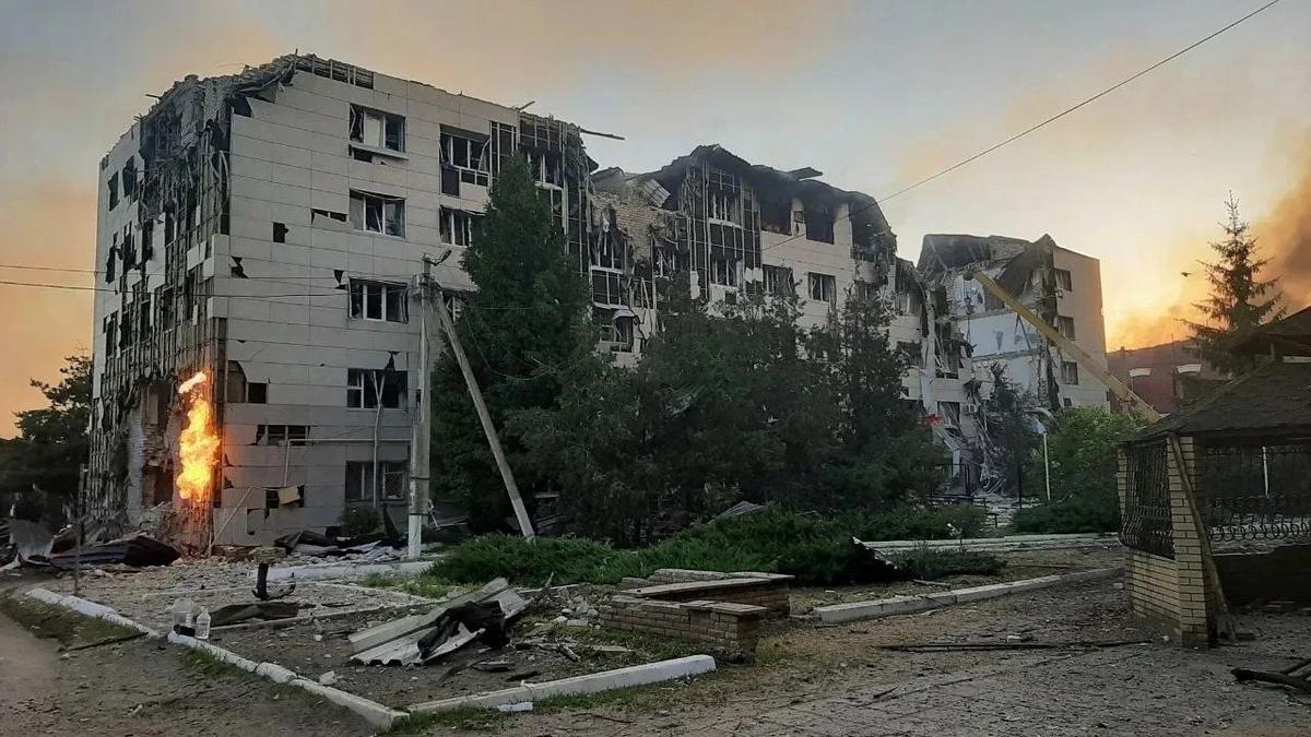 A destroyed dormitory building of the Starobilsk College of Luhansk Pedagogical University following an overnight attack, what Russian-installed authorities called a Ukrainian drone strike, in the course of the Russia-Ukraine conflict in the town of Starobilsk (Starobelsk) in the Luhansk region, a Russian-controlled area of Ukraine, May 22, 2026. Leonid Pasechnik, head of the Russian-controlled parts of the Luhansk Region/Handout via REUTERS