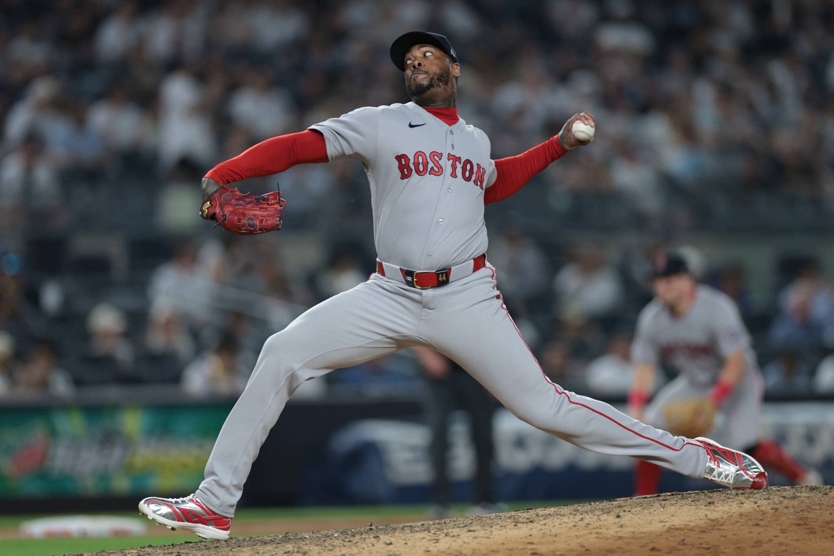 Boston Red Sox pitcher Aroldis Chapman (44) delivers a pitch during the ninth inning against the New York Yankees at Yankee Stadium. 