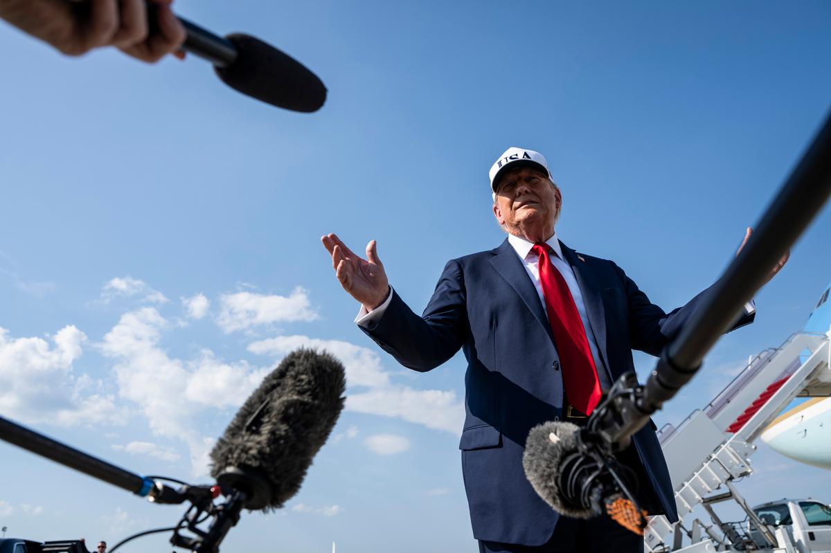 President Donald Trump speaks to reporters as he boards Air Force One to travel to Iowa at Joint Base Andrews in Maryland, July 3, 2025. The pivot to crypto highlights the reality of Truth Social, one of President Trump’s highest-profile business interests: It doesn’t generate much revenue. (Haiyun Jiang/The New York Times)