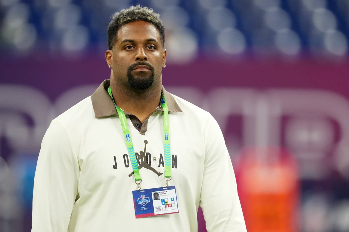  Feb 28, 2026; Indianapolis, IN, USA; New Orleans Saints defensive end Cameron Jordan looks on during the NFL Scouting Combine at Lucas Oil Stadium. Mandatory Credit: Kirby Lee-Imagn Images © Kirby Lee-Imagn Images
