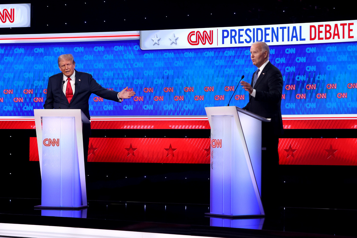 U.S. President Joe Biden and Republican presidential candidate, former U.S. President Donald Trump participate in the CNN Presidential Debate at the CNN Studios on June 27, 2024 in Atlanta, Georgia.
