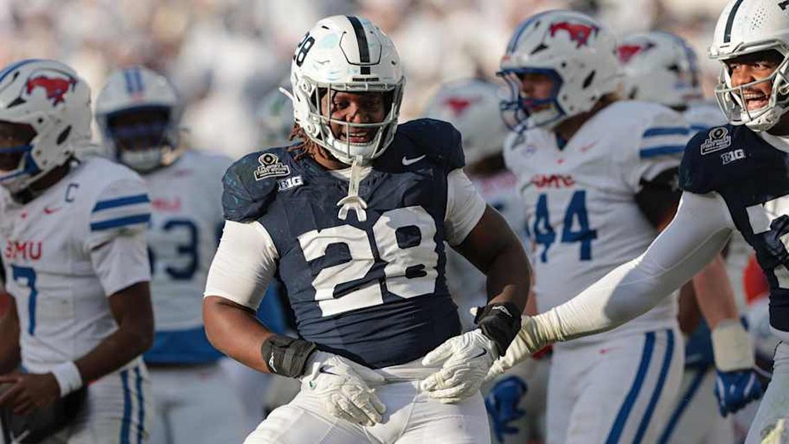  Dec 21, 2024; University Park, Pennsylvania, USA; Penn State Nittany Lions defensive tackle Zane Durant (28) reacts after a defensive stop during the second half against the Southern Methodist Mustangs at Beaver Stadium. Mandatory Credit: Vincent Carchietta-Imagn Images | Vincent Carchietta-Imagn Images 