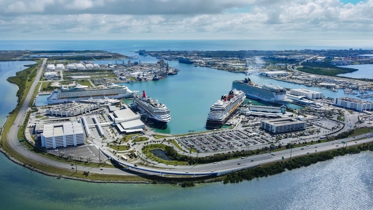 An aerial view of cruise ships at Port Canaveral. 