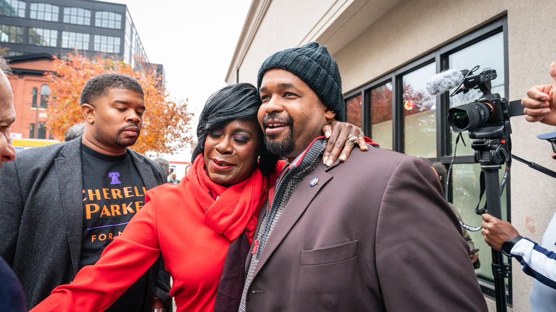 In a 2023 image, Cherelle Parker, then-candidate for mayor, left, and Pennsylvania state Sen. Sharif Street, meet at South Jazz Kitchen on Election Day in November. Street had endorsed Parker for mayor; she is now endorsing him for Congress. (Jessica Griffin/The Philadelphia Inquirer/TNS)