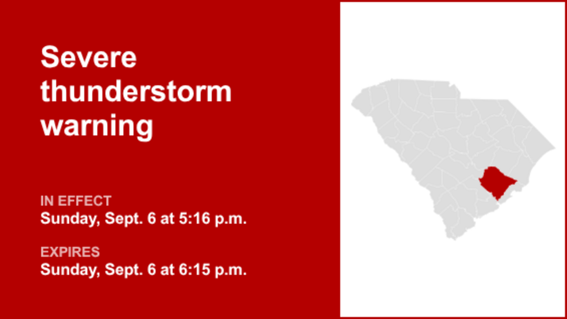 Berkeley County placed under a severe thunderstorm warning Sunday evening 