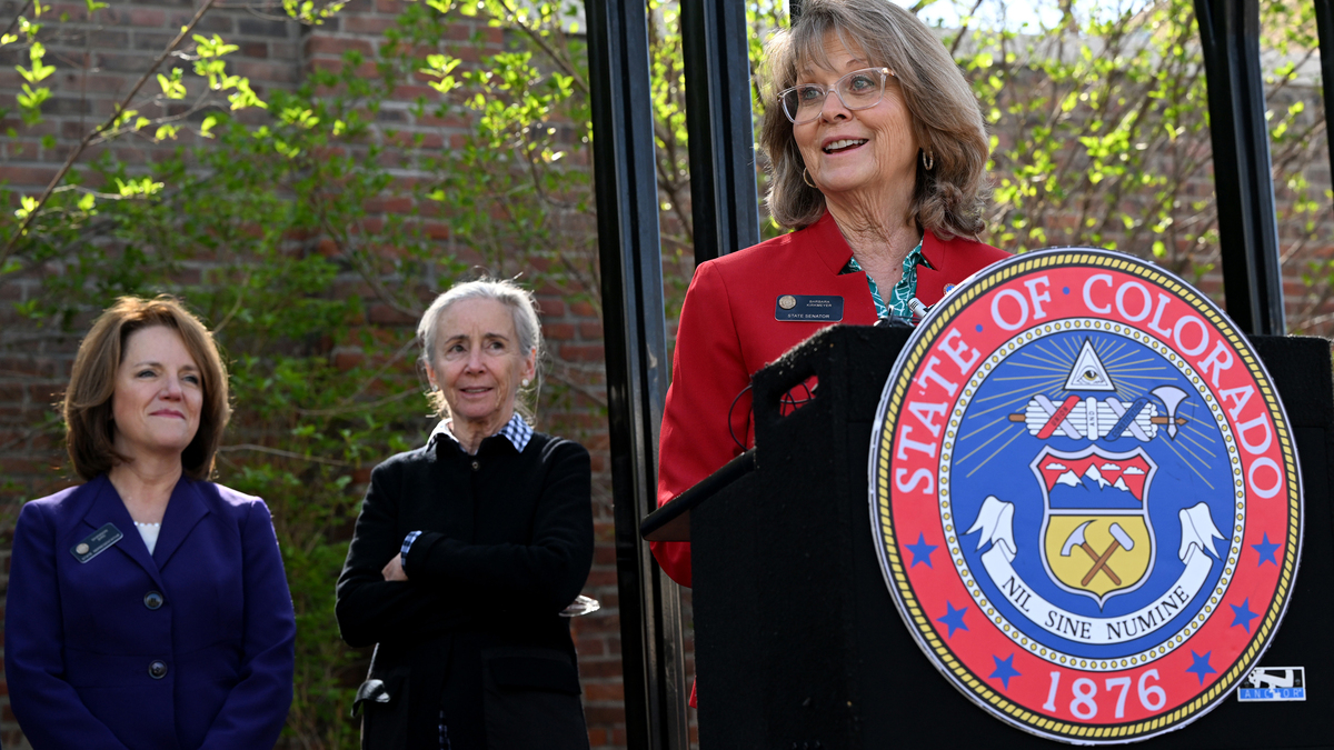 Colorado Sen. Barb Kirkmeyer, right, speaks during a news conference before Gov. Jared Polis, not pictured, signs the 2025-2026 state budget bill into law on the grounds of the Governor's Residence at the Boettcher Mansion in Denver on April 28, 2025. Behind her are Rep. Shannon Bird and Sen. Judy Amabile. (Helen H. Richardson/The Denver Post/TNS)