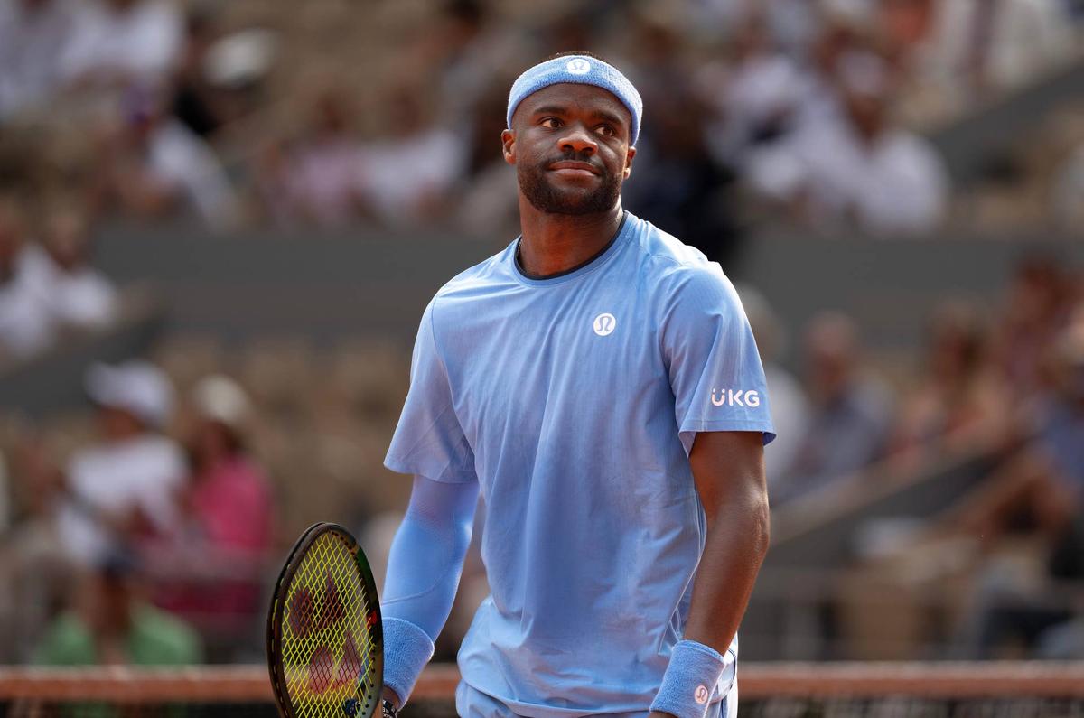  Jun 3, 2025; Paris, FR; Frances Tiafoe of the United States reacts to a point during his match against Lorenzo Musetti of Italy on day 10 at Roland Garros Stadium. Mandatory Credit: Susan Mullane-Imagn Images 