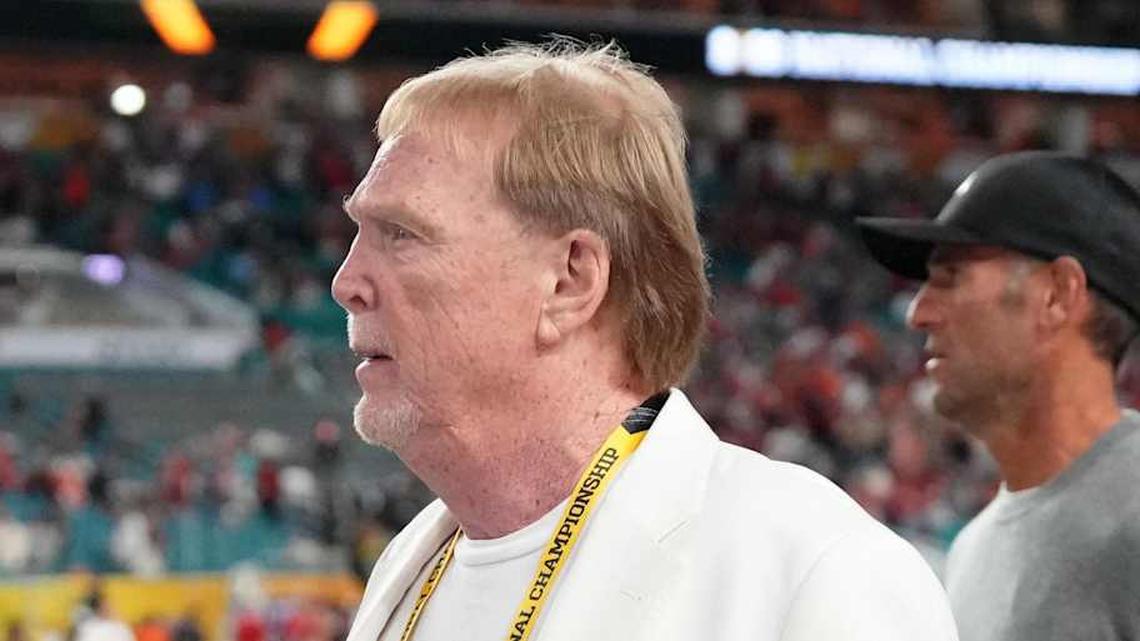  Jan 19, 2026; Miami Gardens, FL, USA; Las Vegas Raiders owner Mark Davis walks on the sideline before the CFP National Championship college football game between the Indiana Hoosiers and the Miami Hurricanes at Hard Rock Stadium. Mandatory Credit: Kirby Lee-Imagn Images | Kirby Lee-Imagn Images 