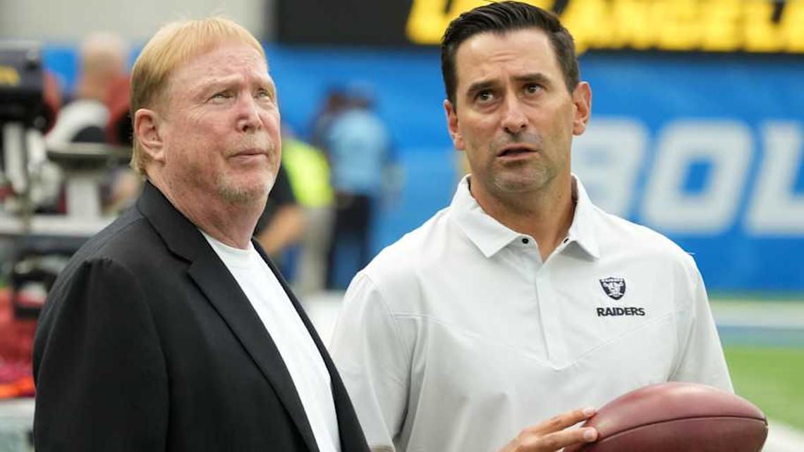  Sep 11, 2022; Inglewood, California, USA; Las Vegas Raiders owner Mark Davis (left) and general manager Dave Ziegler during the game against the Los Angeles Chargers at SoFi Stadium. Mandatory Credit: Kirby Lee-Imagn Images | Kirby Lee-Imagn Images 